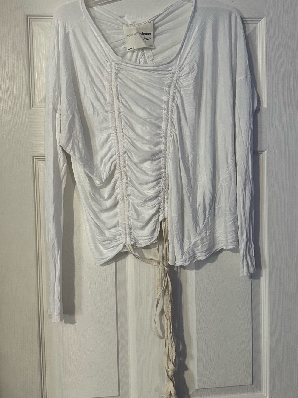 Peace Love World White Ruched Drawstring Long Sleeve Top is a size Large.